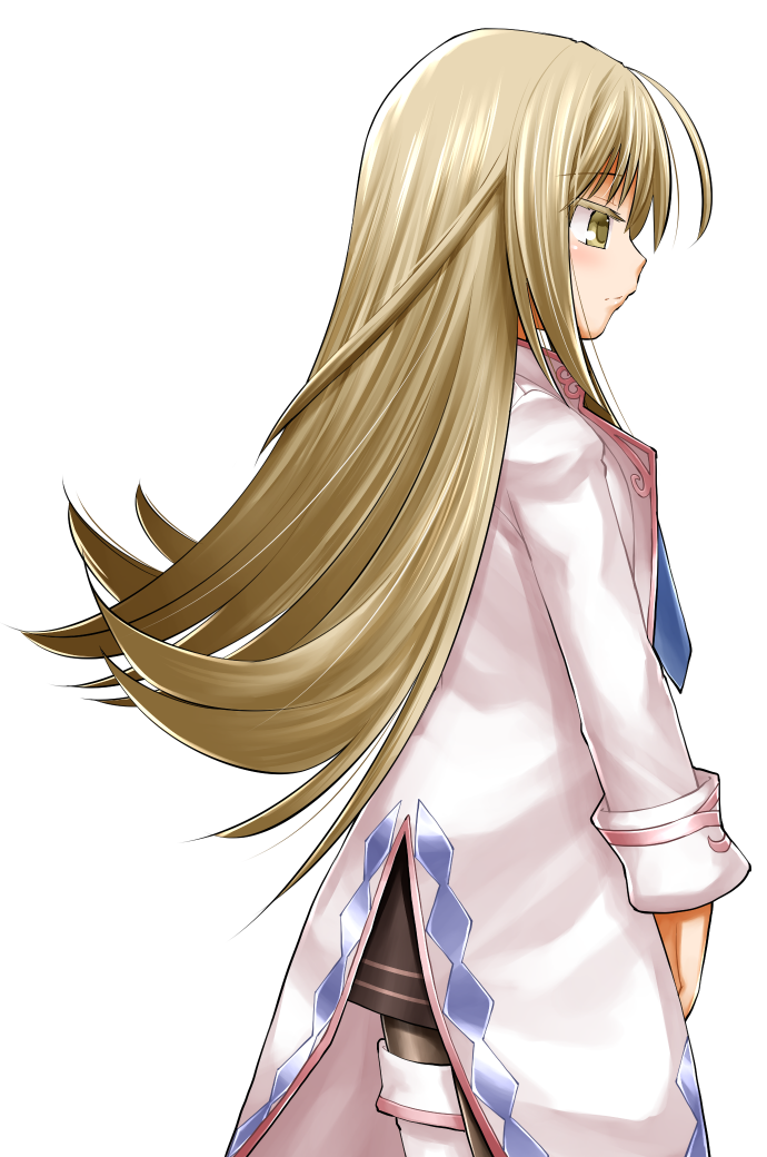 kasuga yukihito, emil chronicle online, 1girl, ahoge, black skirt, blonde hair, blue necktie, boots, brown pantyhose, dr. iris, from side, jacket, long hair, necktie, pantyhose, skirt, solo, white background, white boots, white jacket, yellow eyes