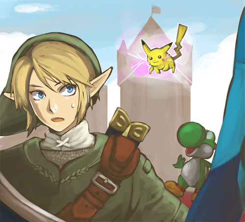 link, pikachu, samus aran, yoshi, mario (series), metroid, nintendo, pokemon, super smash bros., the legend of zelda, lowres, 1boy, blonde hair, blue eyes, gen 1 pokemon, pointy ears, pokemon (creature), tail, zero suit