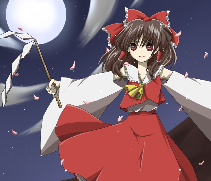 drk, hakurei reimu, touhou, bad id, bad pixiv id, 1girl, brown hair, detached sleeves, female focus, gohei, gradient background, japanese clothes, miko, moon, nature, outdoors, plant, red eyes, skirt, sky, solo