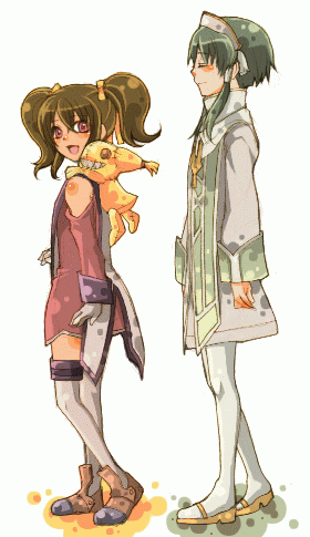 anise tatlin, ion (tales), tokunaga (tales), tales of (series), tales of the abyss, lowres, 00s, 1boy, 1girl, brown eyes, brown hair, doll, gloves, green hair, hair tubes, pantyhose, ribbon, short hair with long locks, smile, twintails