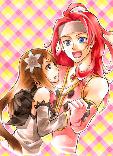 marta lualdi, zelos wilder, tales of (series), tales of symphonia, tales of symphonia: dawn of the new world, 00s, 1boy, 1girl, argyle background, argyle clothes, blue eyes, brown hair, flower, gloves, headband, long hair, red hair, smile