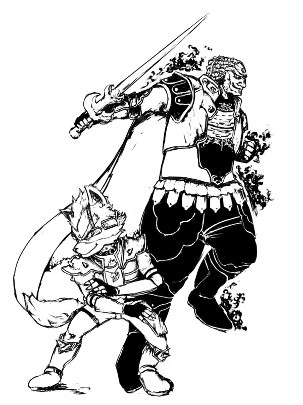 ganondorf, wolf o'donnell, nintendo, star fox, super smash bros., the legend of zelda, 2boys, armor, furry, furry male, greyscale, male focus, monochrome, multiple boys, smile, sword, tail, weapon