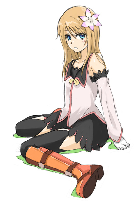 marta lualdi, tales of (series), tales of symphonia, tales of symphonia: dawn of the new world, 00s, 1girl, blue eyes, boots, brown hair, female focus, flower, gloves, knee boots, long hair, solo, thighhighs