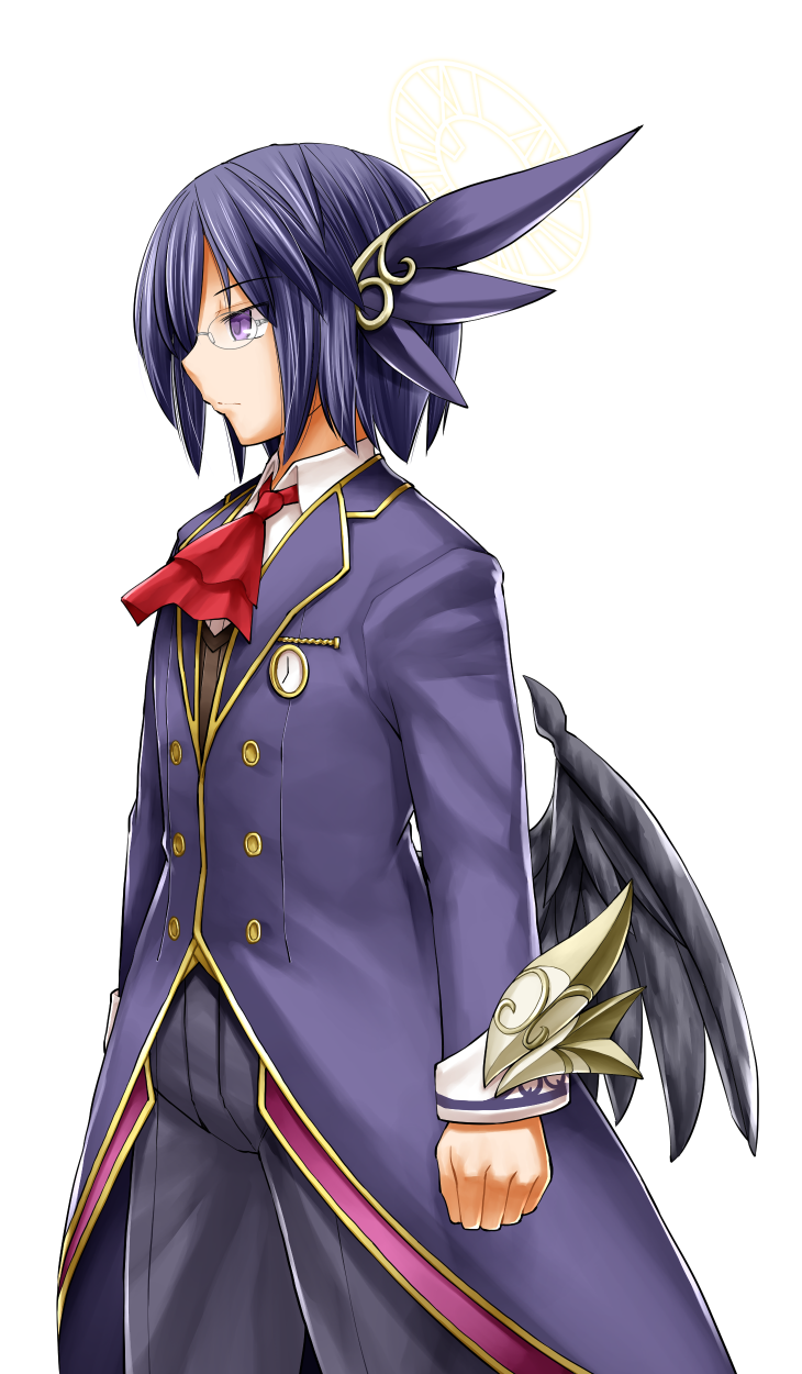 kasuga yukihito, emil chronicle online, highres, 1boy, black pants, black wings, blue hair, blue jacket, from side, hair ornament, jacket, necktie, pants, pocket watch, purple eyes, red necktie, shirt, shugoma rougetsu, solo, watch, white background, white shirt, wing hair ornament, wings