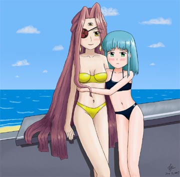 bel peol, hecate (shakugan no shana), shakugan no shana, lowres, non-web source, 00s, 2girls, aqua hair, beach, bikini, breasts, brown hair, day, eyepatch, female focus, green eyes, long hair, multiple girls, outdoors, short hair, sky, swimsuit, yellow eyes