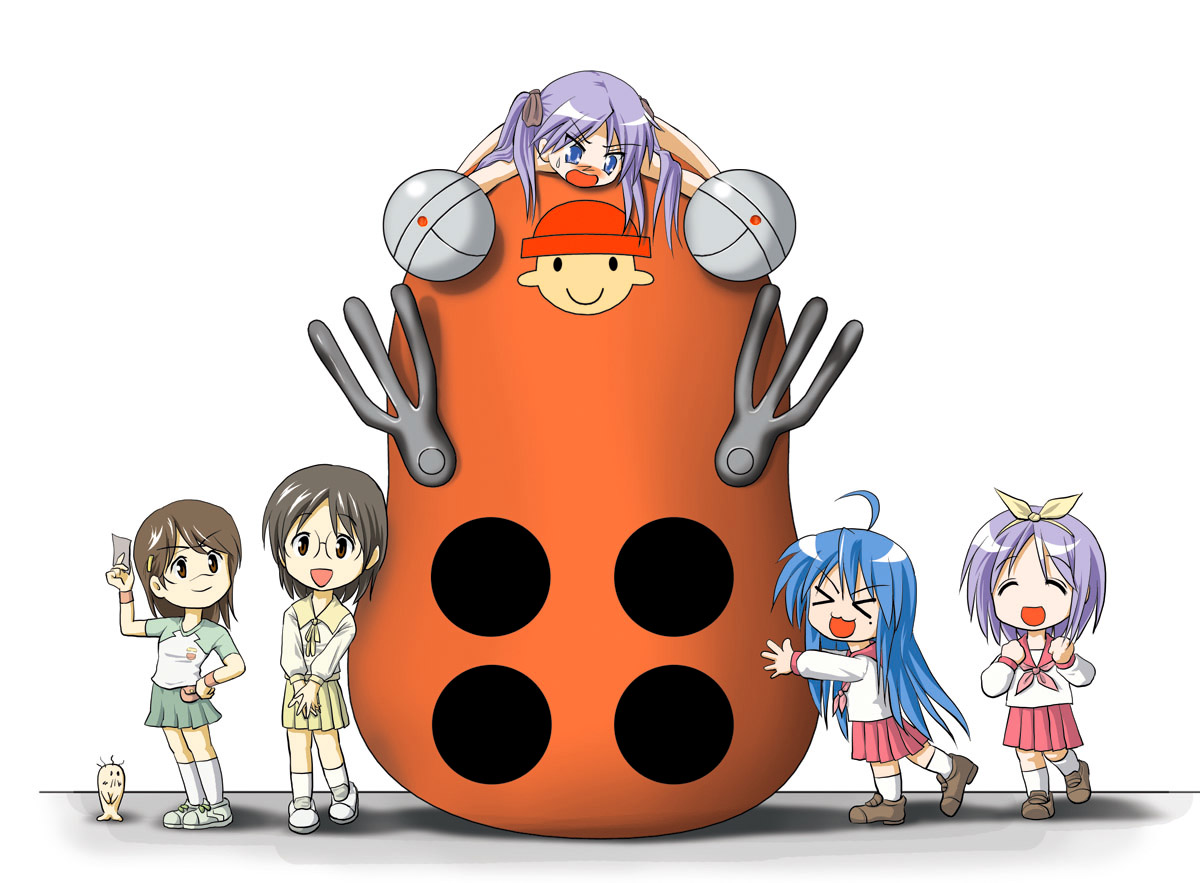 takapi (chimee house), hashimoto fumie, hiiragi kagami, hiiragi tsukasa, izumi konata, kyuu-chan (dennou coil), okonogi yuuko, oyaji (dennou coil), searchmaton (dennou coil), dennou coil, lucky star, bad id, bad pixiv id, > <, 00s, 5girls, ^ ^, ahoge, angry, blue hair, blush, bow, brown hair, closed eyes, crossover, glasses, green skirt, hair bow, happy, humiliation, long hair, long sleeves, mole, mole under eye, multiple girls, open mouth, pleated skirt, purple hair, raglan sleeves, red skirt, sailor collar, school uniform, serafuku, short hair, siblings, sisters, skirt, smile, standing, twins, twintails, yellow skirt