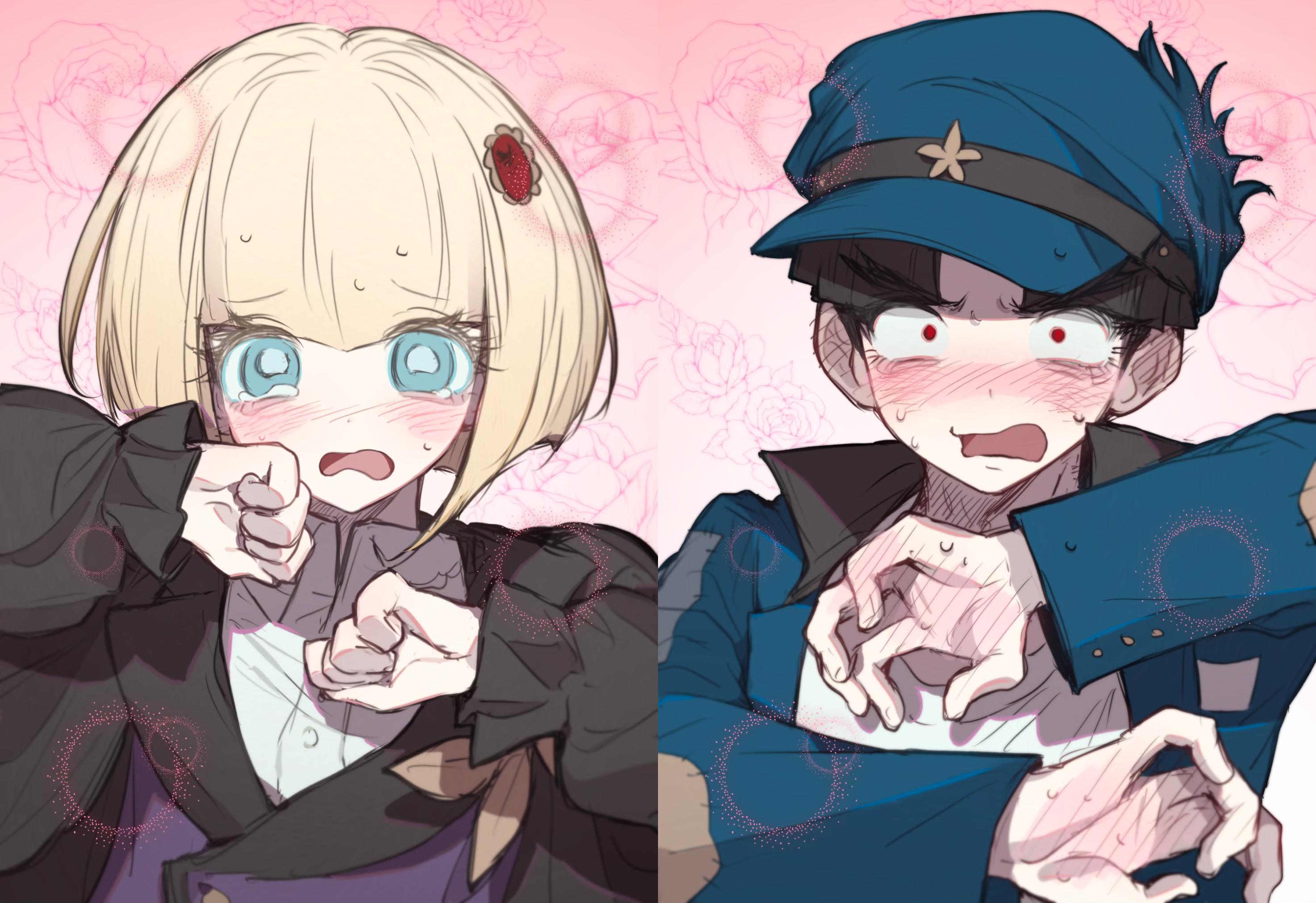 anzekeye, maruko gaku, oosuzuki kurara, the hundred line -last defense academy-, small pupils, highres, 1boy, 1girl, black hair, black jacket, blonde hair, blue eyes, blue hat, blue jacket, blunt bangs, blush, ear blush, gem hair ornament, hair ornament, hand blush, hat, jacket, looking at viewer, puffy sleeves, red eyes, short hair, tearing up, thick eyebrows, v-bangs
