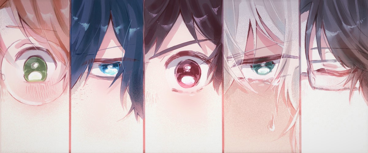 akutsu mabu, jinnai enta, kuji toi, niiboshi reo, yasaka kazuki, sarazanmai, commentary request, 5boys, blue eyes, blue hair, brown hair, chi fuyu, closed eyes, column lineup, eye focus, glasses, green eyes, grey hair, hair between eyes, multiple boys, rectangular eyewear, round eyewear, tears