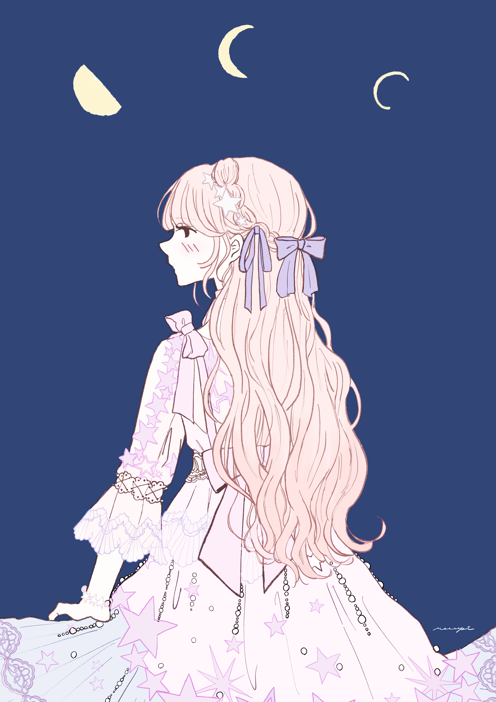 nikki (series), shining nikki, absurdres, commentary request, highres, 1girl, back bow, black eyes, blue sky, bow, cowboy shot, dress, expressionless, eyelashes, floating hair, frilled sleeves, frills, hair bow, hair ornament, hair ribbon, light blush, long hair, long sleeves, medium dress, moon phases, moropii-chan, nape braid, night, night sky, orange hair, outdoors, parted lips, pink bow, pink dress, pleated dress, pointy nose, print dress, purple bow, purple ribbon, ribbon, shoulder bow, signature, sky, solo, star (symbol), star hair ornament, star print, twinkle twinkle (shining nikki), very long hair, wavy hair