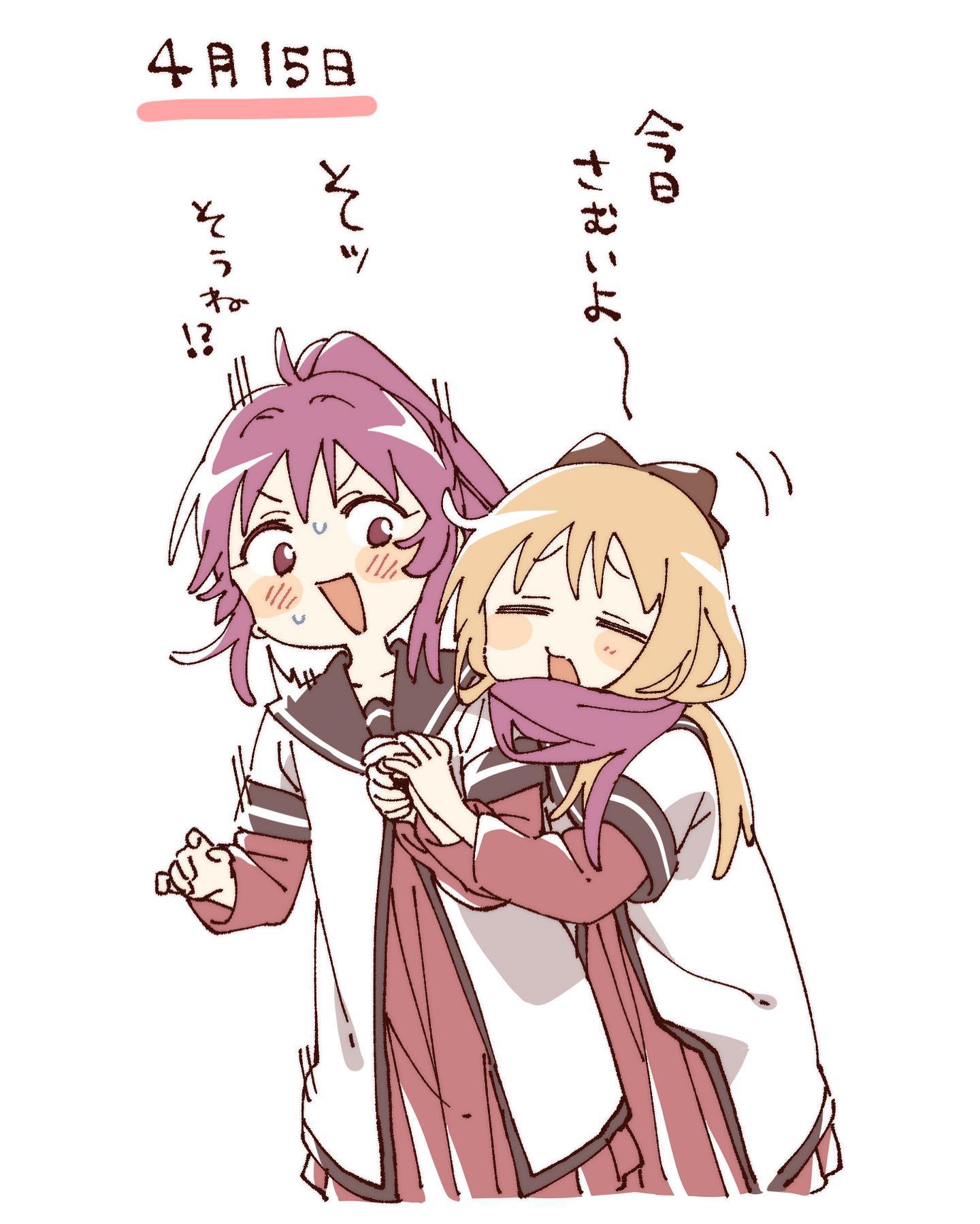 namori, yuruyuri, hashtag-only commentary, highres, translation request, 2girls, ahoge, blonde hair, blush stickers, bow, brown bow, brown eyes, brown sailor collar, closed eyes, cropped legs, dress, hair bow, hair scarf, layered sleeves, long hair, long sleeves, looking at another, multiple girls, nanamori school uniform, open mouth, pleated dress, ponytail, purple hair, red dress, sailor collar, school uniform, shirt, short over long sleeves, short sleeves, simple background, sweat, v-shaped eyebrows, white background, white shirt, winter uniform