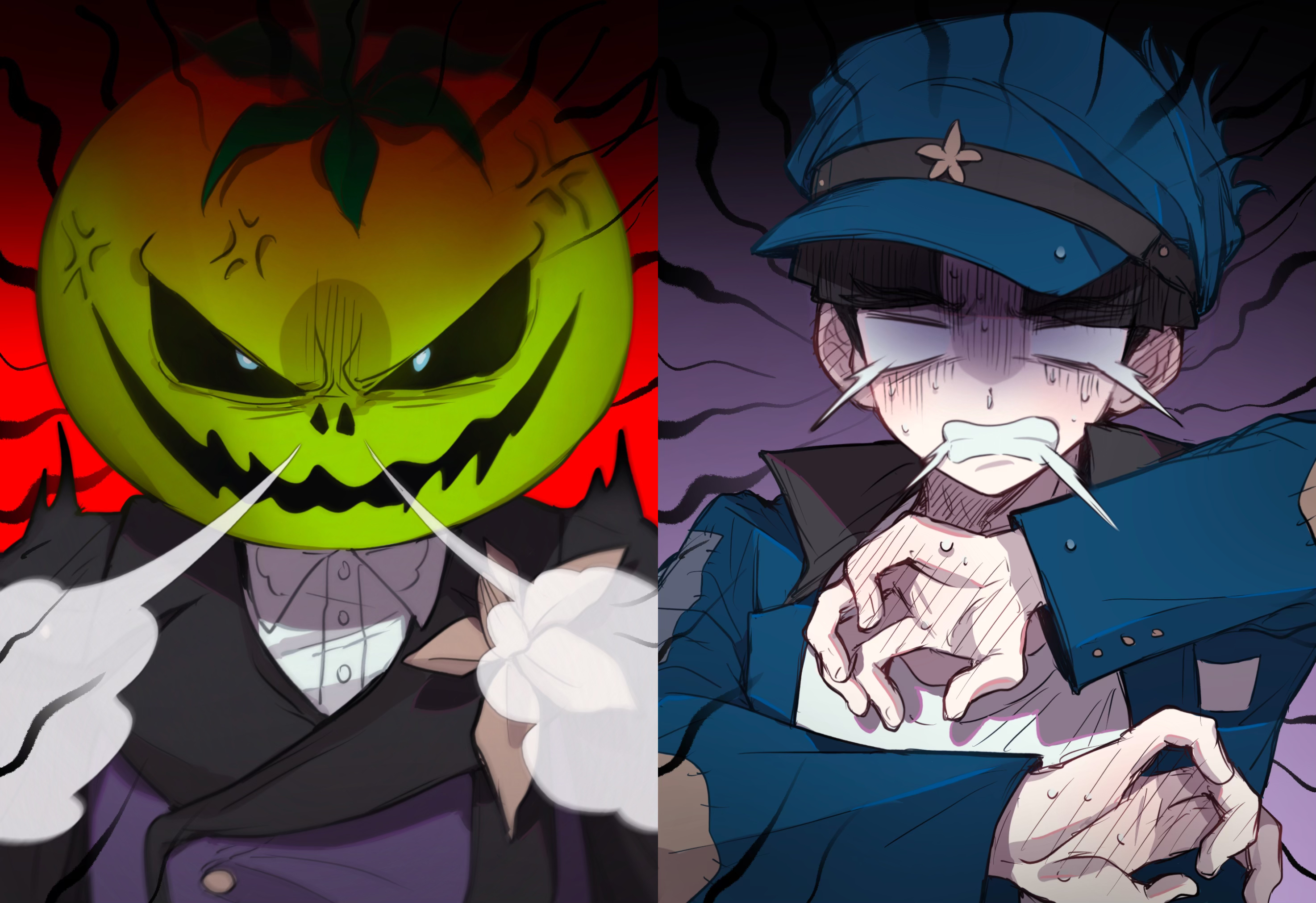 anzekeye, maruko gaku, oosuzuki kurara, the hundred line -last defense academy-, highres, 1boy, 1girl, anger vein, black hair, blue hat, blue jacket, blunt bangs, hat, jacket, looking at viewer, mask, mask on head, no pupils, snot, steam from nose, sweat