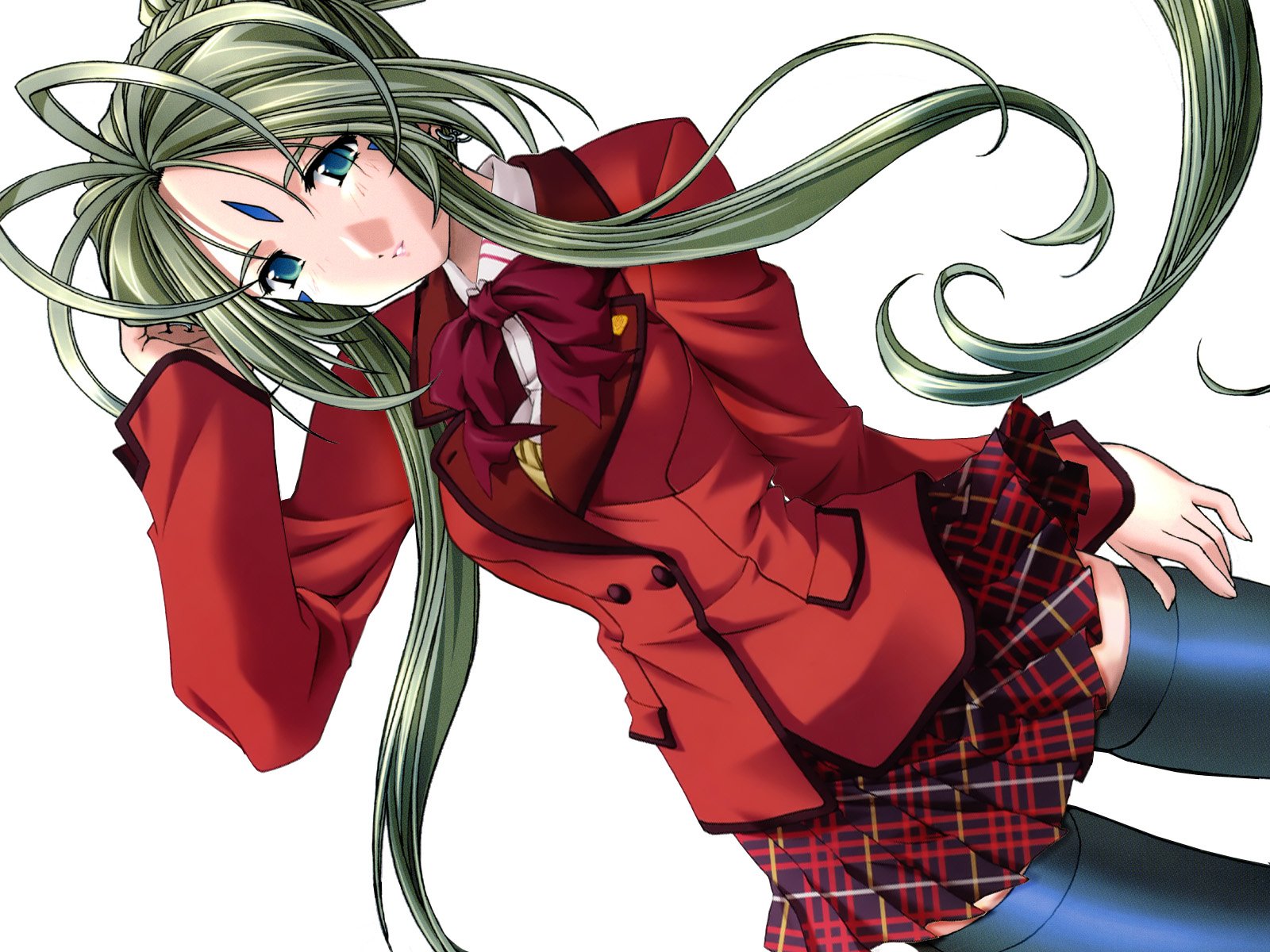 belldandy, aa megami-sama, highres, non-web source, blue eyes, brown hair, dutch angle, earrings, facial mark, forehead mark, green hair, jewelry, long hair, ponytail, retro artstyle, school uniform, solo, thighhighs