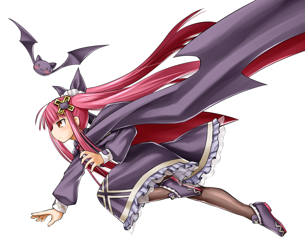 kasuga yukihito, alucard lore, emil chronicle online, 1girl, bat (animal), black bow, bow, brown thighhighs, cloak, cross hair ornament, dress, frilled bow, frilled dress, frills, from side, hair bow, hair ornament, long hair, long sidelocks, pink hair, purple cloak, purple dress, purple eyes, purple shoes, red cloak, shoes, sidelocks, thighhighs, twintails, two-sided cloak, two-sided fabric, vampire, white background
