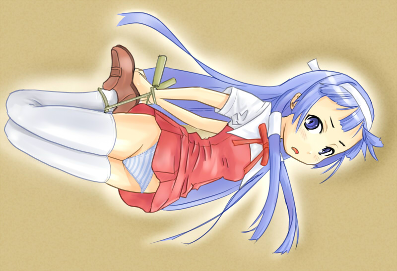 kuroku, nagi, kannagi, 00s, 1girl, assisted exposure, bdsm, blue eyes, blue hair, blunt bangs, bondage, bound, breasts, dress, female focus, hairband, hogtie, jump rope, kneehighs, long hair, lying, matching hair/eyes, on side, panties, small breasts, socks, solo, striped clothes, striped panties, thighhighs, underwear, white socks, white thighhighs