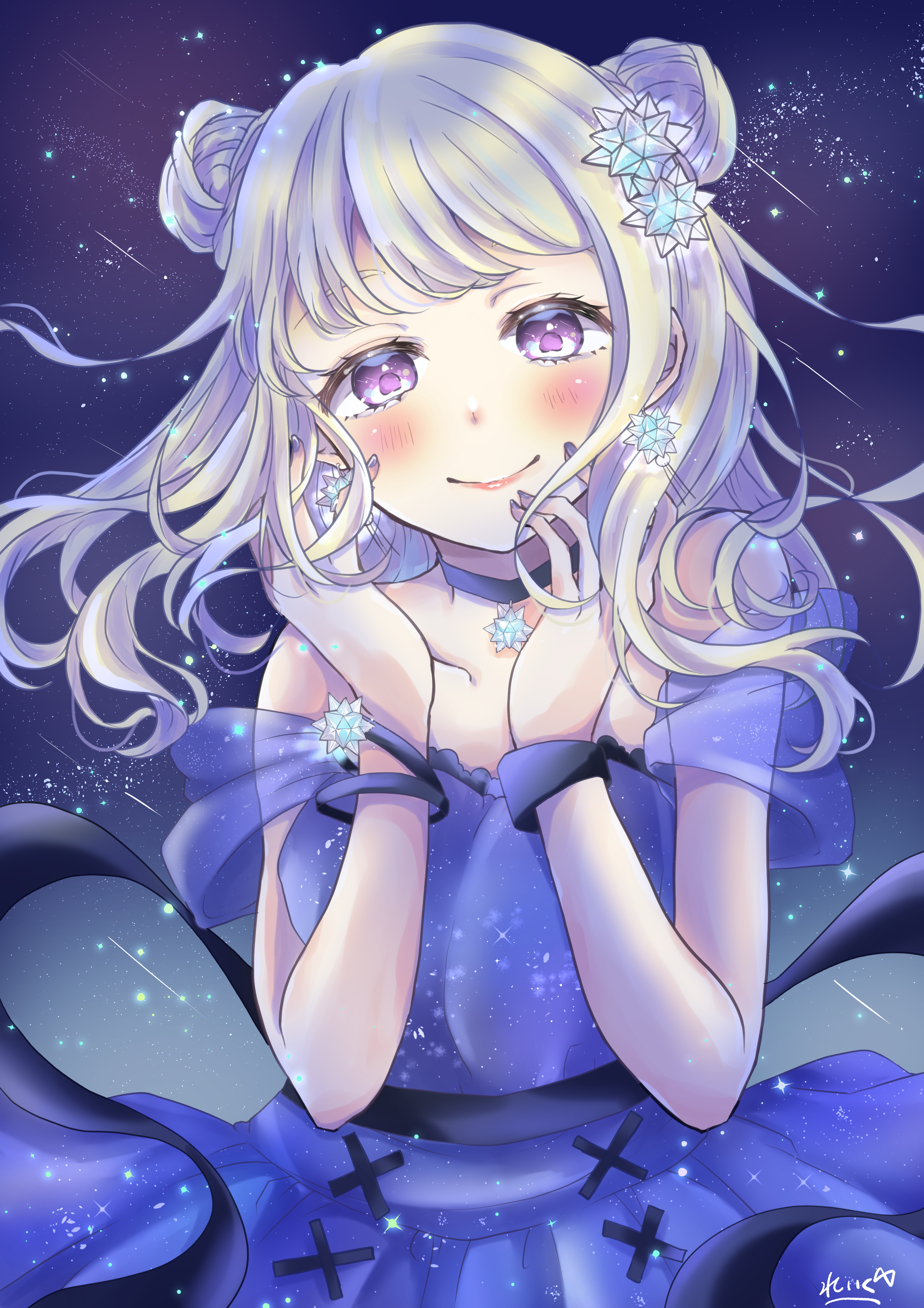 lake 0520, nikki (series), shining nikki, absurdres, highres, 1girl, bare shoulders, black sash, blonde hair, bracelet, choker, closed mouth, collarbone, cowboy shot, dot nose, double bun, dress, earrings, eyelashes, floating clothes, floating hair, frilled dress, frills, hair bun, hair ornament, hands on own cheeks, hands on own face, happy, jewelry, light blush, light particles, lipstick, long hair, makeup, meteor shower, meteoric feather (shining nikki), nail polish, night, night sky, off-shoulder dress, off shoulder, outdoors, pink lips, pleated dress, purple choker, purple dress, purple eyes, purple nails, purple wrist cuffs, sash, see-through clothes, see-through sleeves, short sleeves, signature, single wrist cuff, sky, smile, solo, standing, star (sky), star (symbol), star choker, star earrings, star hair ornament, starry sky, tareme, waist sash, wrist cuffs
