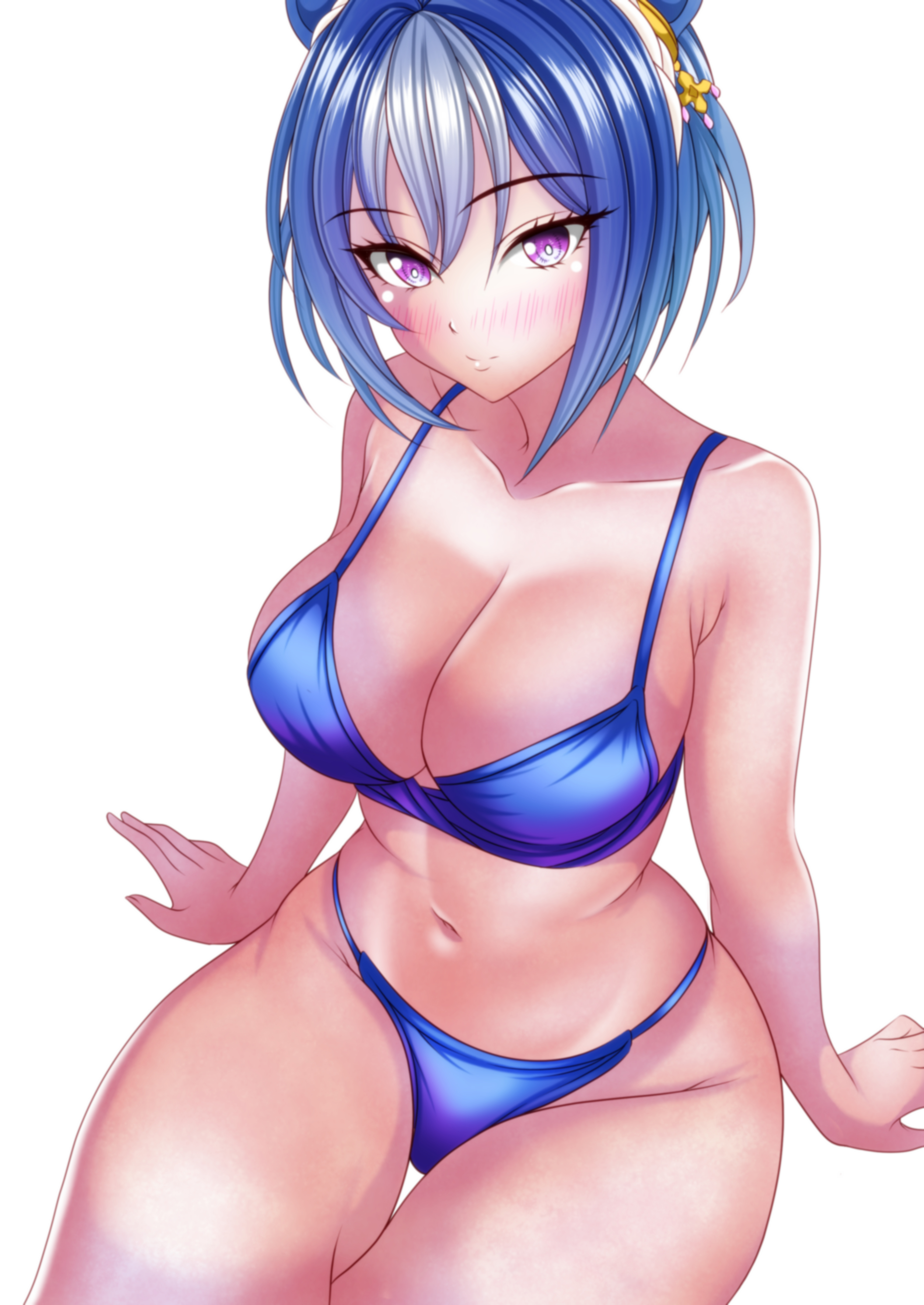 hagesan3345, cesario (umamusume), umamusume, absurdres, commentary request, highres, 1girl, animal ears, bikini, blue bikini, blue hair, blush, breasts, closed mouth, horse ears, horse girl, large breasts, looking at viewer, multicolored hair, purple eyes, short hair, simple background, smile, solo, streaked hair, swimsuit, white background, white hair