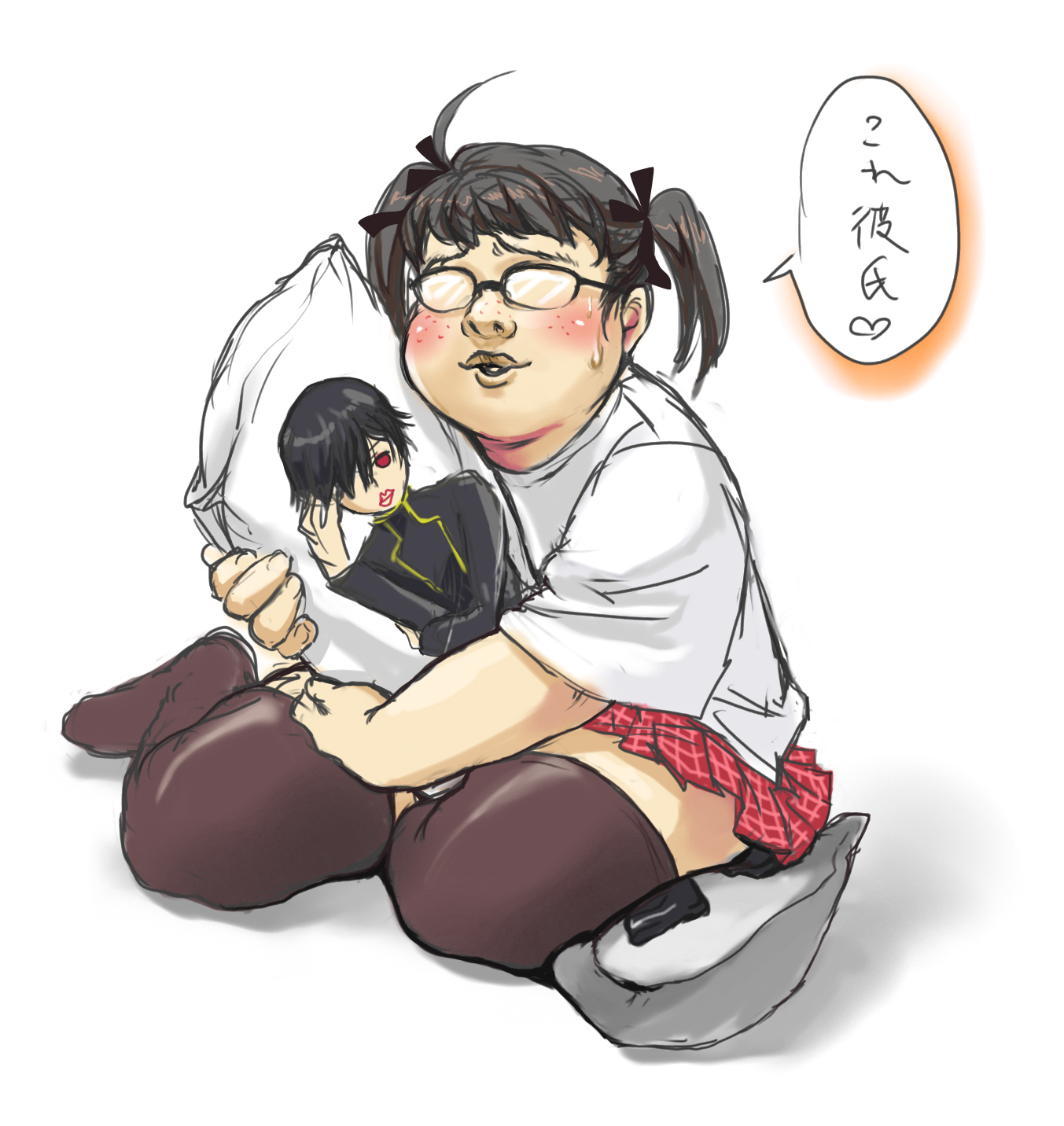 sage joh, lelouch vi britannia, code geass, bad id, bad pixiv id, highres, translated, 00s, dakimakura (object), fat, freckles, fujoshi, glasses, hair ribbon, hugging object, lipstick, lonely, makeup, otaku, pillow, pillow hug, ribbon, role reversal, school uniform, solo, sweatdrop, thighhighs, truth, twintails, zettai ryouiki
