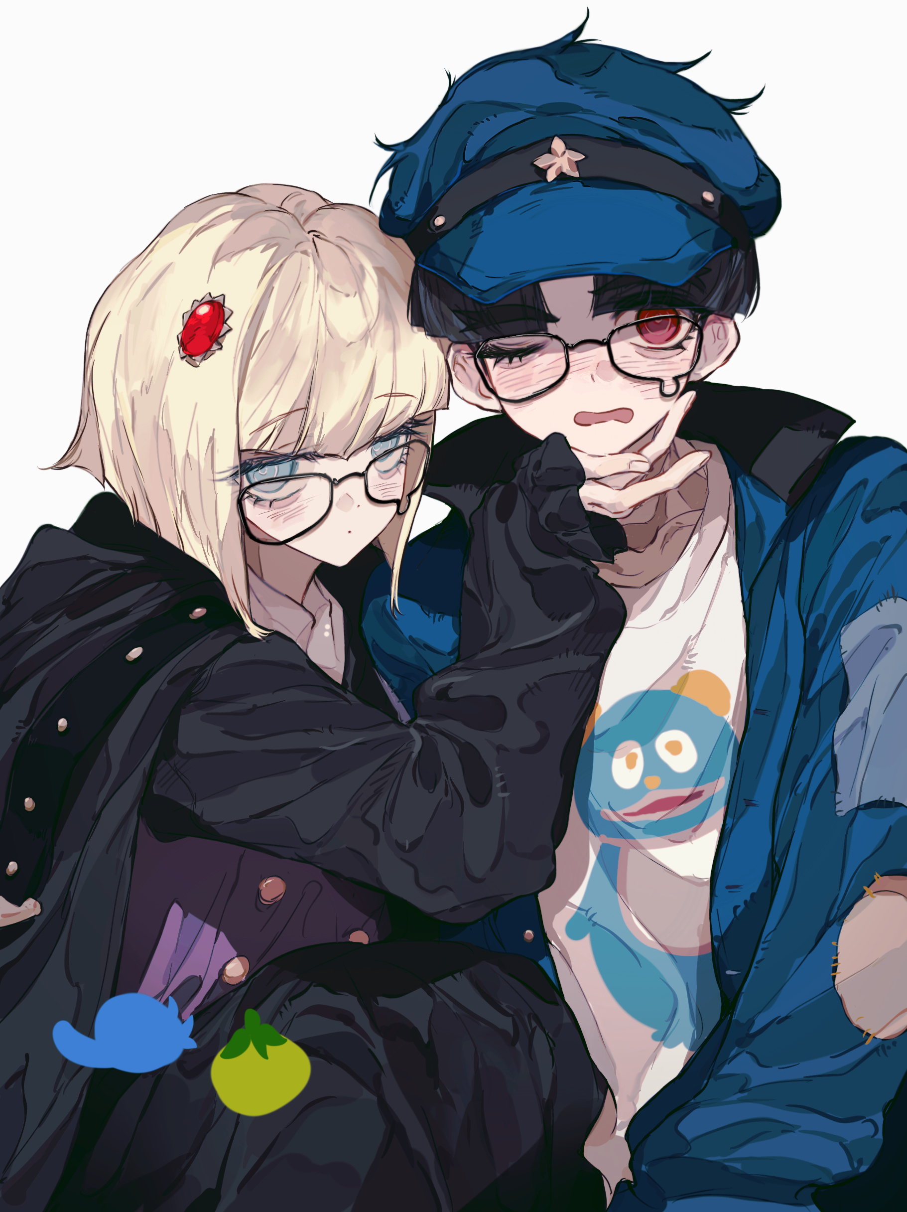 anzekeye, maruko gaku, oosuzuki kurara, the hundred line -last defense academy-, absurdres, highres, :o, black hair, black jacket, blonde hair, blue eyes, blue hat, blue jacket, blunt bangs, blush, gem hair ornament, glasses, hair ornament, hat, jacket, looking at viewer, one eye closed, print shirt, red eyes, shirt, teardrop-framed glasses, v-bangs, white shirt