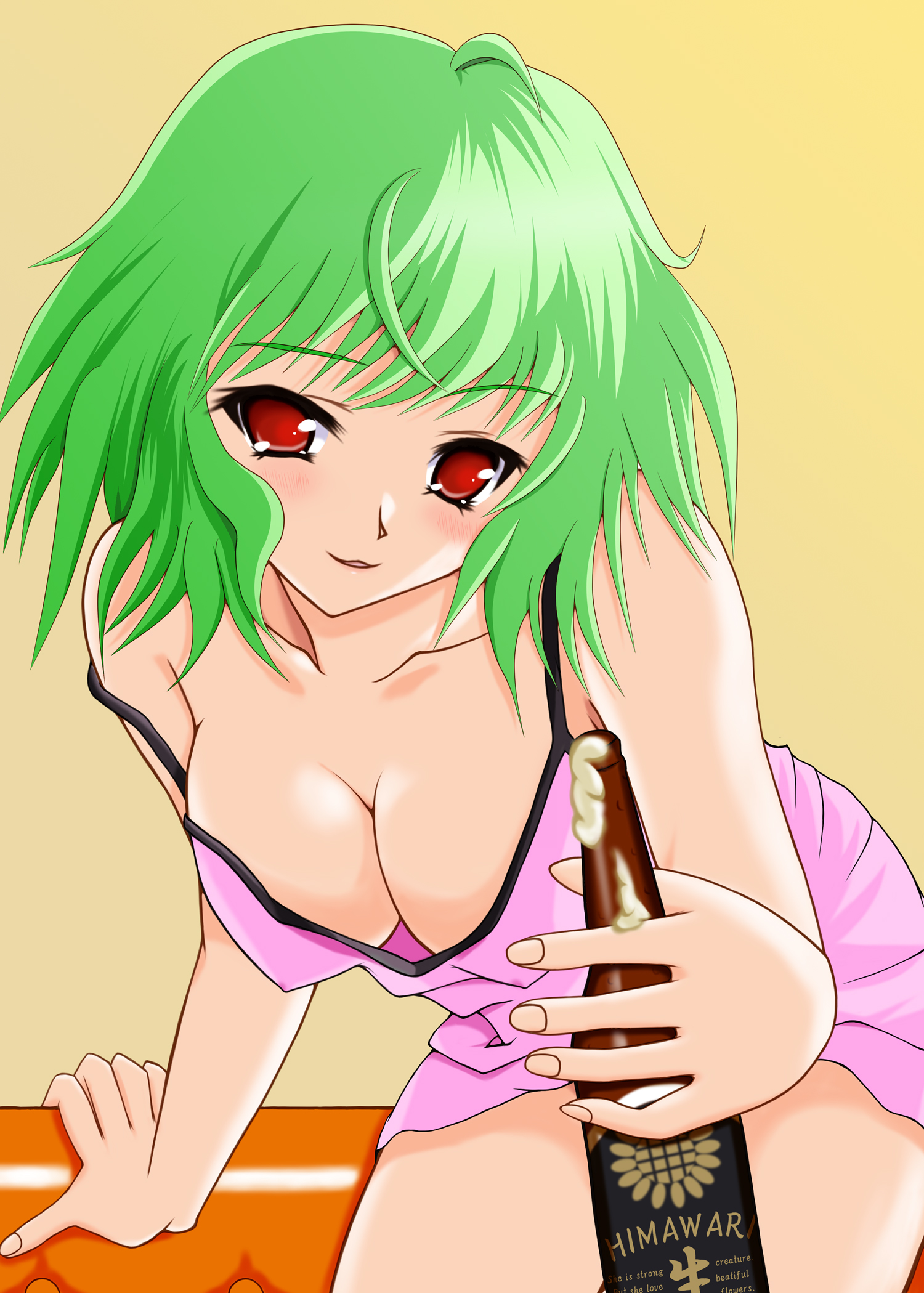 kazami yuuka, touhou, highres, 1girl, alcohol, bad anatomy, bad hands, beer, blush, breasts, female focus, green hair, large breasts, poorly drawn, red eyes, short hair, solo