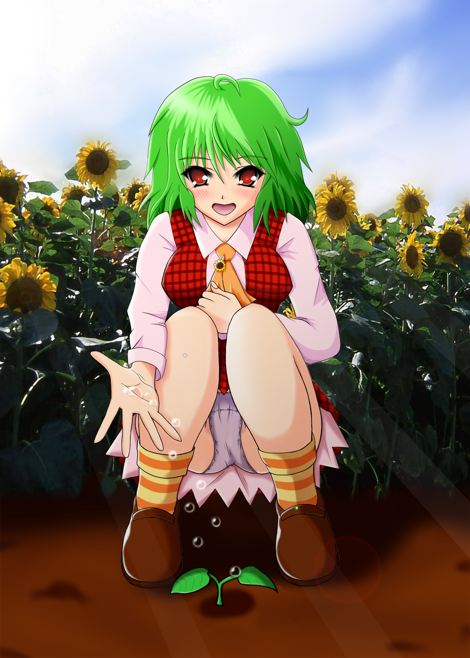 kazami yuuka, touhou, highres, 1girl, blush, breasts, female focus, flower, green hair, medium breasts, panties, plaid clothes, plaid vest, red eyes, short hair, smile, solo, underwear, vest, water