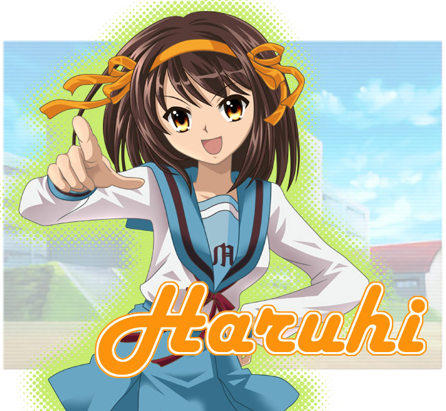lapita, suzumiya haruhi, suzumiya haruhi no yuuutsu, 00s, brown eyes, brown hair, hairband, hand on own hip, head tilt, pointing, school uniform, serafuku, short hair, solo