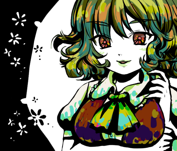 oto, kazami yuuka, touhou, breast hold, bad id, bad pixiv id, 1girl, ascot, breasts, female focus, flower, green hair, lips, red eyes, ribbon, short hair, smile, solo, vest