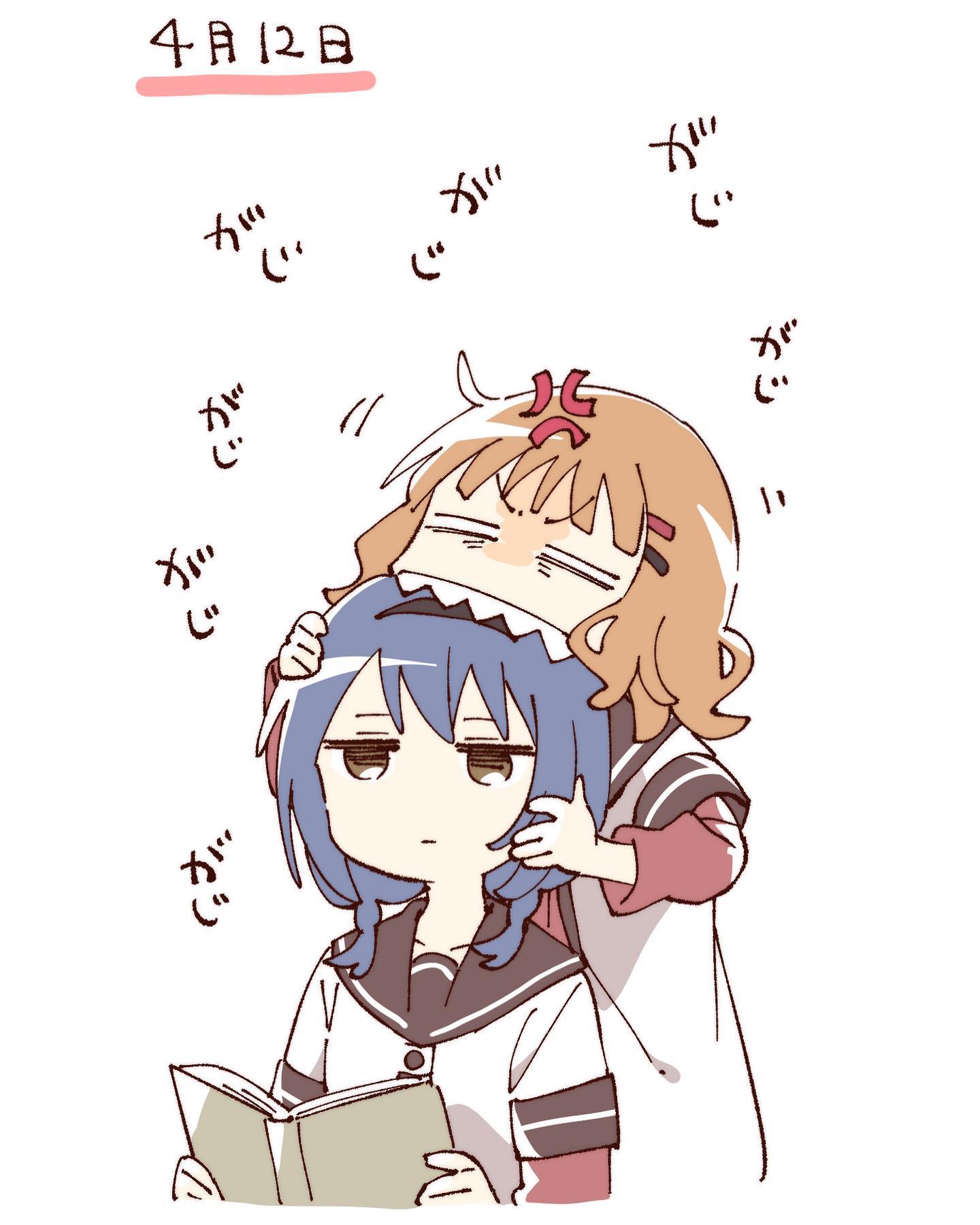 namori, furutani himawari, oomuro sakurako, yuruyuri, hashtag-only commentary, highres, 2girls, anger vein, biting, black hairband, blank eyes, blue hair, book, braid, brown eyes, brown hair, brown sailor collar, closed mouth, cropped torso, hair ornament, hairband, hairclip, head biting, holding, holding book, jitome, layered sleeves, long sleeves, multiple girls, nanamori school uniform, open book, parallel hairclips, sailor collar, school uniform, sharp teeth, shirt, short hair, short over long sleeves, short sleeves, simple background, sound effects, teeth, twin braids, v-shaped eyebrows, white background, white shirt, winter uniform