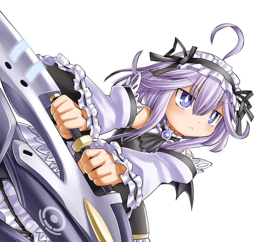 kasuga yukihito, mitama aria, emil chronicle online, 1girl, ahoge, android, bat wings, black choker, black dress, black hairband, black wings, blue eyes, choker, detached sleeves, dress, frilled choker, frilled dress, frilled hairband, frilled sleeves, frills, hairband, holding cannon, long sidelocks, ribbon-trimmed hairband, sidelocks, solo, v-shaped eyebrows, white background, white dress, white hair, white sleeves, wings