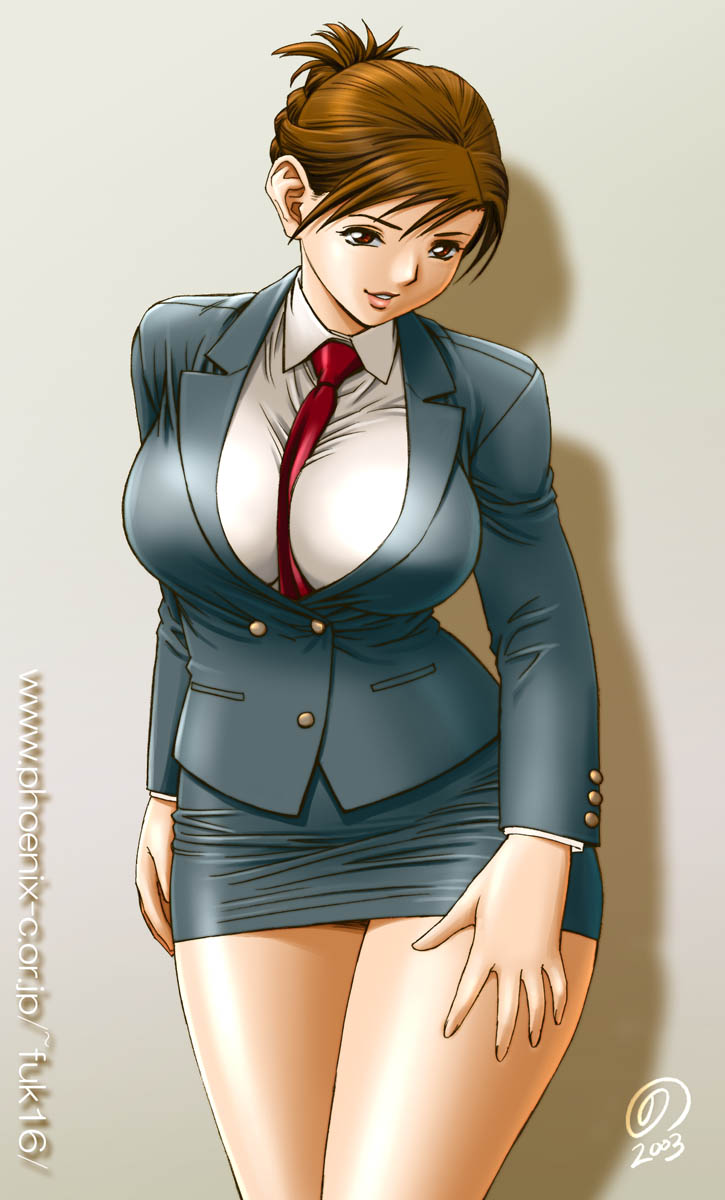 tatsunami youtoku, highres, 1girl, between breasts, blazer, breasts, brown eyes, brown hair, business suit, curvy, female focus, formal clothes, hip focus, huge breasts, impossible clothes, jacket, large breasts, legs, minidress, miniskirt, necktie, pencil skirt, short hair, signature, skirt, skirt suit, solo, standing, suit, teacher, thick thighs, thighs, wide hips