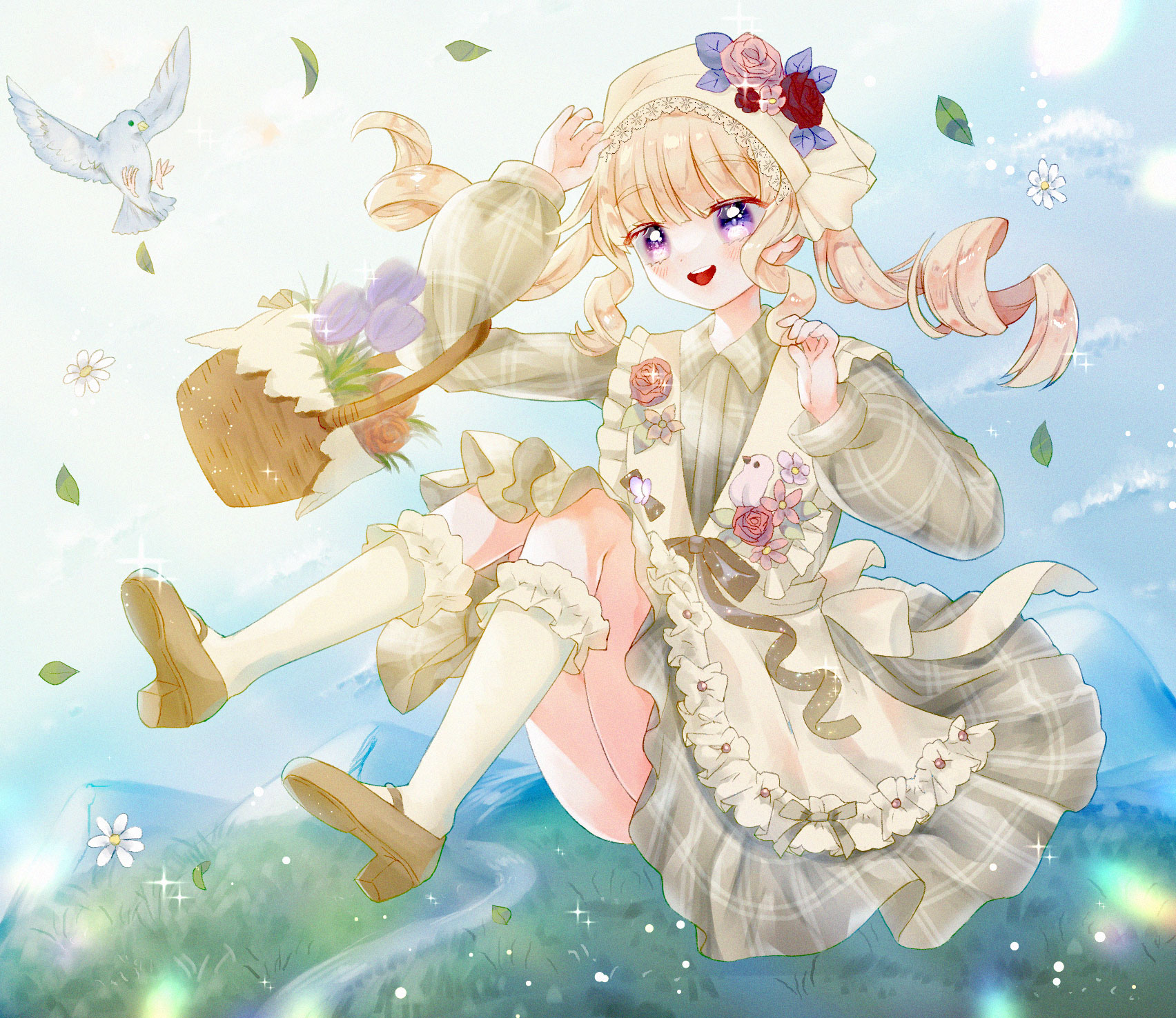 pink15x, nikki (series), shining nikki, highres, 1girl, animal, apron, back bow, beads, bird, blonde hair, blue bird, blue sky, blunt bangs, bow, brooch, brown shoes, cloud, collared dress, country lolita, daisy (flower), dot nose, dress, drill hair, floating, flower, flower brooch, frilled apron, frilled socks, frills, full body, grass, green dress, green pastoral (shining nikki), happy, hat, hat flower, headscarf, high heels, jewelry, kneehighs, lace-trimmed headwear, lace trim, leaf, lens flare, light blush, light particles, lolita fashion, long hair, long sleeves, looking ahead, medium dress, mountainous horizon, open mouth, path, pink flower, pink rose, plaid clothes, plaid dress, puffy long sleeves, puffy sleeves, pumps, red flower, red rose, road, rose, shoes, sidelocks, sky, smile, socks, solo, sparkle, sunlight, teeth, twin drills, twintails, upper teeth only, wavy hair, white apron, white bow, white flower, white headscarf, white socks