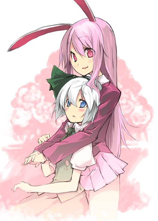 akanagi youto, konpaku youmu, reisen udongein inaba, touhou, silver hair, bad id, bad pixiv id, 2girls, animal ears, blush, female focus, hug, long hair, multiple girls, pink eyes, pink hair, purple hair, rabbit ears, red eyes, ribbon, short hair, skirt, thighs, yuri