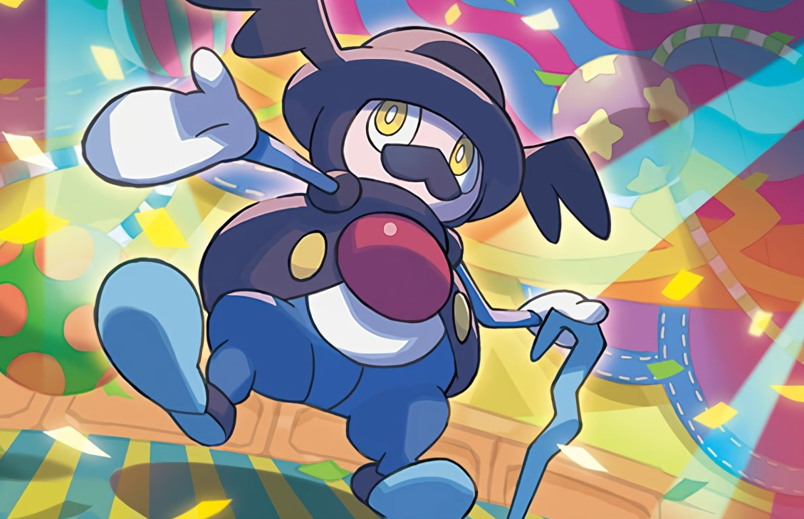 saitou naoki, mr. rime, nintendo, pokemon, pokemon tcg, commentary, official art, third-party source, ball, bright pupils, cane, confetti, facial hair, gen 8 pokemon, holding, holding cane, mustache, pokemon (creature), pokemon focus, solo, spotlight, standing, standing on one leg, star (symbol), white pupils, yellow eyes
