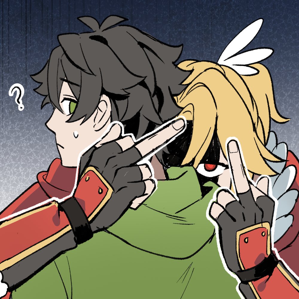 luo xuan xing wu si (spiral tungsten wire), iwatani naofumi, kitamura motoyasu, tate no yuusha no nariagari, yari no yuusha no yarinaoshi, reference photo, 2boys, ?, blonde hair, brown hair, double middle finger, face in shadow, glaring, gloves, green eyes, hair ornament, male focus, middle finger, multiple boys, partially shaded face, ponytail, red eyes, shaded face, short hair, short ponytail, wing hair ornament