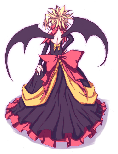 rozalin, disgaea, makai senki disgaea 2, nippon ichi, blonde hair, bow, demon girl, dress, red eyes, short hair, solo, wings