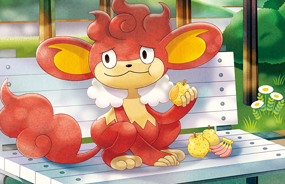 0313, simisear, nintendo, pokemon, pokemon tcg, commentary, official art, third-party source, berry (pokemon), bush, closed mouth, eating, flower, food, fruit, full body, gen 5 pokemon, grass, holding, holding food, holding fruit, nanab berry, no humans, on bench, outdoors, pokemon (creature), pokemon focus, sitrus berry, smile, solo, white flower