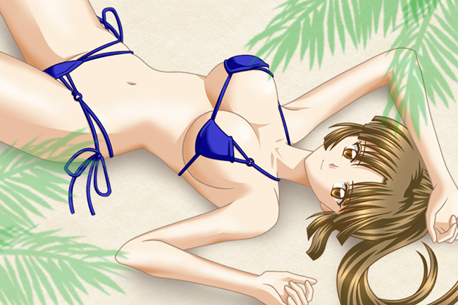 lapita, sango (inuyasha), inuyasha, 1girl, bikini, blue bikini, breasts, brown eyes, brown hair, female focus, hair spread out, halterneck, large breasts, long hair, lying, micro bikini, ponytail, sand, side-tie bikini bottom, solo, swimsuit