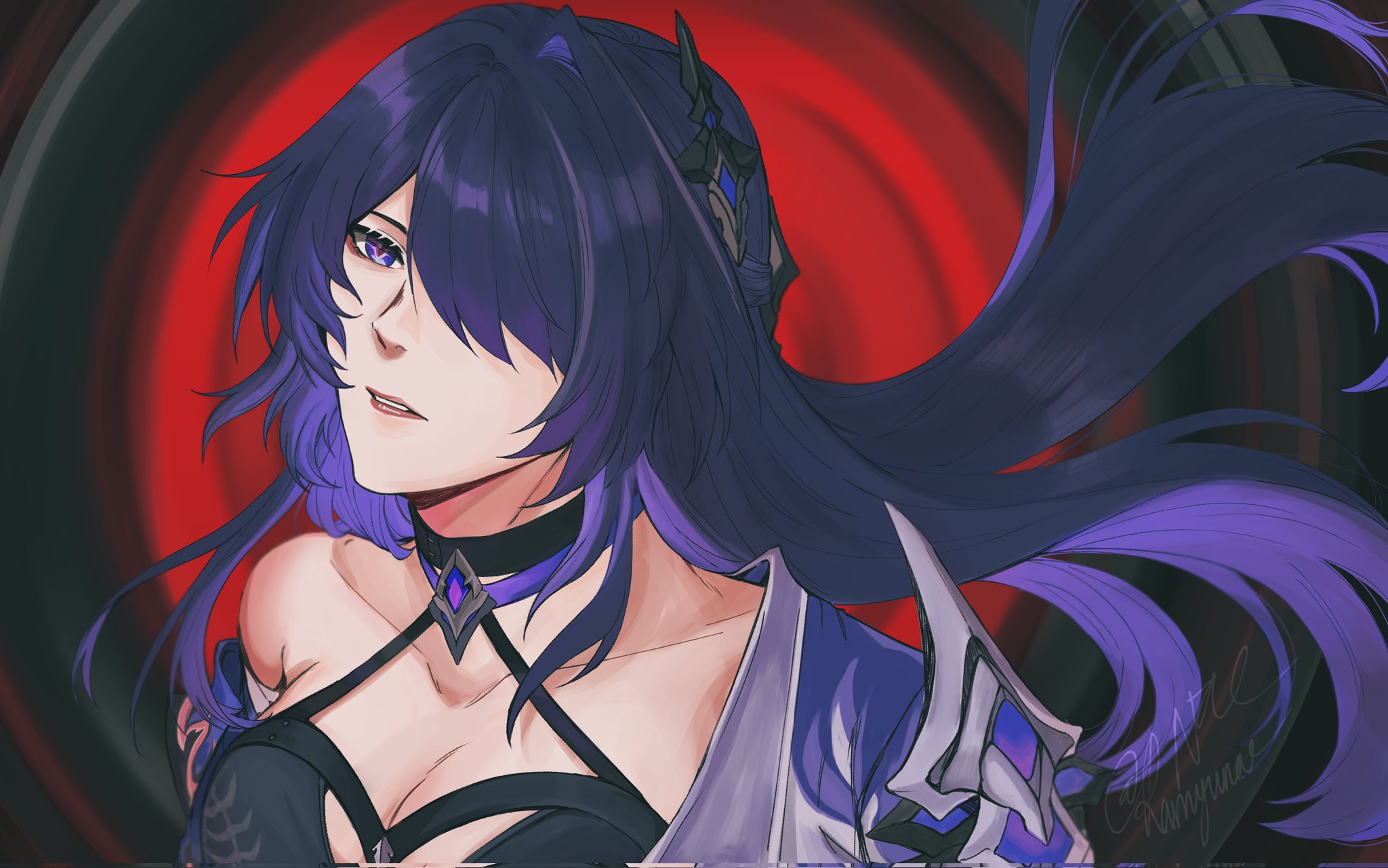 acheron (honkai: star rail), honkai: star rail, honkai (series), highres, 1girl, bandages, breasts, choker, cleavage, hair ornament, hair over one eye, jacket, large breasts, long hair, multicolored hair, open clothes, open jacket, purple eyes, purple hair, ramyunae, single bare shoulder, streaked hair, two-tone background, upper body, very long hair