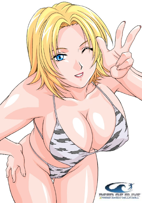 tina armstrong, dead or alive, tecmo, 1girl, bikini, blonde hair, blue eyes, breasts, cameltoe, cleavage, covered erect nipples, female focus, large breasts, lips, nipples, one eye closed, solo, swimsuit, thong bikini, white bikini, wink