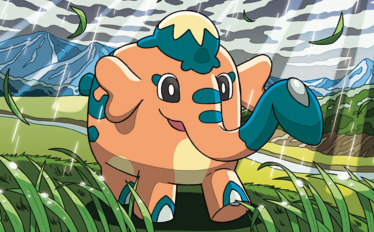 komayama akira, cufant, nintendo, pokemon, pokemon tcg, commentary, official art, third-party source, animal focus, black eyes, bright pupils, cloud, full body, gen 8 pokemon, grass, mountainous horizon, no humans, open mouth, outdoors, pokemon (creature), pokemon focus, rain, sky, smile, solo, white pupils