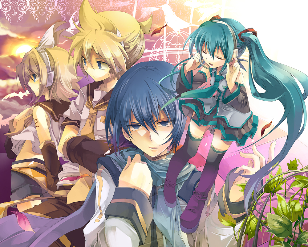 fruit punch, hatsune miku, kagamine len, kagamine rin, kaito (vocaloid), vocaloid, bad id, bad pixiv id, 2boys, 2girls, aqua hair, blonde hair, leaf, multiple boys, multiple girls, scarf, thighhighs