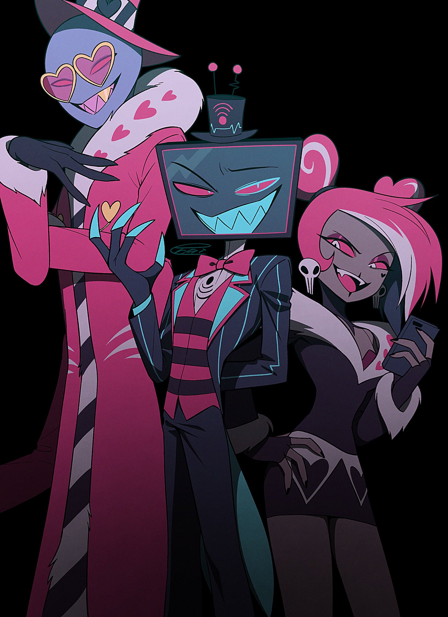 menma (enaic31), valentino (hazbin hotel), velvette (hazbin hotel), vox (hazbin hotel), hazbin hotel, hellaverse, commentary request, highres, 1girl, 2boys, :d, arm behind back, asymmetrical bangs, bald, black background, black coat, black eyes, black gloves, black hair, black hat, black nails, black pants, black shirt, black skirt, black vest, blue eyes, blue teeth, bow, bowtie, buttons, coat, colored sclera, colored skin, colored teeth, cowboy shot, dark-skinned female, dark skin, doll joints, double bun, earrings, extra arms, eyeshadow, fangs, fewer digits, film grain, fingerless gloves, fur-trimmed robe, fur-trimmed shirt, fur-trimmed sleeves, fur trim, gloves, gold teeth, hair bun, hand on own arm, hand on own chest, hand on own hip, hand up, hat, hat ornament, heart, heart-shaped eyewear, heart button, heart hair bun, heart hat ornament, holding, holding phone, jewelry, joints, lapels, looking at viewer, makeup, miniskirt, multicolored hair, multiple boys, nail polish, notched lapels, object head, open clothes, open coat, open mouth, pants, pencil skirt, phone, pink-tinted eyewear, pink bow, pink bowtie, pink hair, pink hat, pink robe, pink sclera, pink vest, pinstripe coat, purple skin, radio antenna, raised eyebrow, red eyeshadow, robe, sharp teeth, shirt, signature, simple background, skirt, skull earrings, smile, standing, streaked hair, striped clothes, striped vest, sunglasses, teeth, television, tinted eyewear, tongue, top hat, traditional bowtie, turtleneck, turtleneck shirt, two-sided coat, two-sided fabric, two-tone vest, upper teeth only, v-shaped eyebrows, vest, white eyes, white hair, white shirt, wi-fi symbol, yellow-framed eyewear