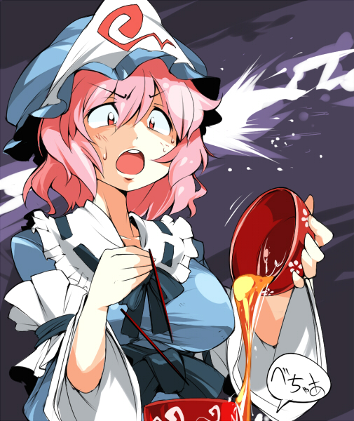 ario, saigyouji yuyuko, touhou, translation request, 1girl, breasts, chopsticks, eating, female focus, hat, japanese clothes, kimono, large breasts, pink hair, red eyes, ribbon, short hair, solo, spill, surprised, tamagokake gohan