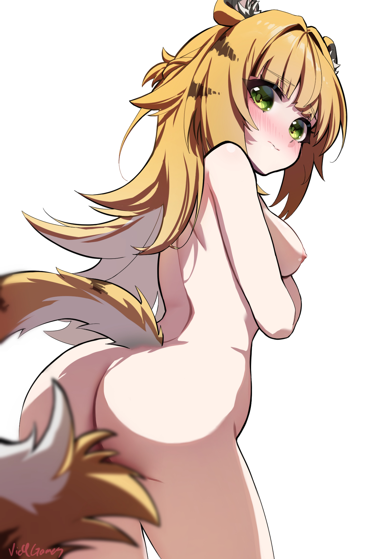 vic4games, ju fufu, zenless zone zero, highres, 1girl, animal ears, ass, blonde hair, blush, breasts, completely nude, from behind, green eyes, long hair, looking at viewer, looking back, nipples, nude, simple background, solo, tail, tail censor, tiger ears, tiger girl, tiger tail, white background