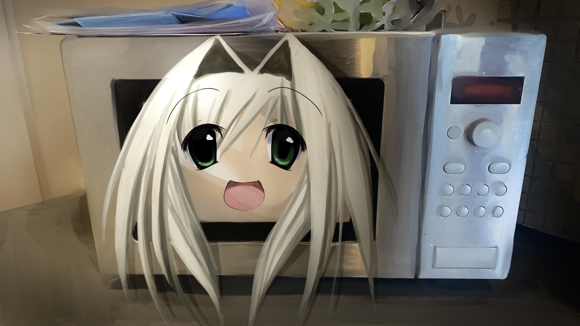 ponymoe, highres, 1girl, 2000s (style), annika (salvika), blonde hair, faux retro artstyle, green eyes, hair ears, hair intakes, microwave, mismatched pupils, no humans, salvika, smile, solo