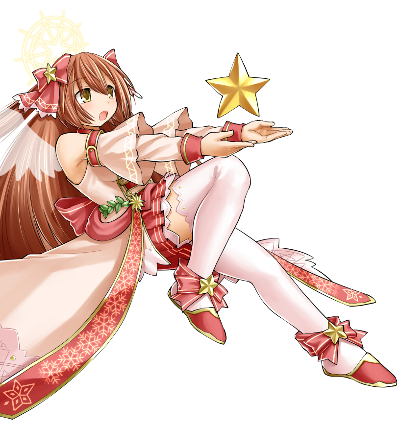 kasuga yukihito, stella lore, emil chronicle online, 1girl, bare shoulders, brown hair, detached sleeves, hair ornament, hair ribbon, halo, holding, holding star, jacket, long hair, open mouth, pink jacket, pink shoes, pink sleeves, pleated skirt, red skirt, ribbon, shoes, skirt, sleeveless, sleeveless jacket, solo, star (symbol), star hair ornament, thighhighs, thighs, transparent wings, white background, white thighhighs, white wings, wings, yellow eyes