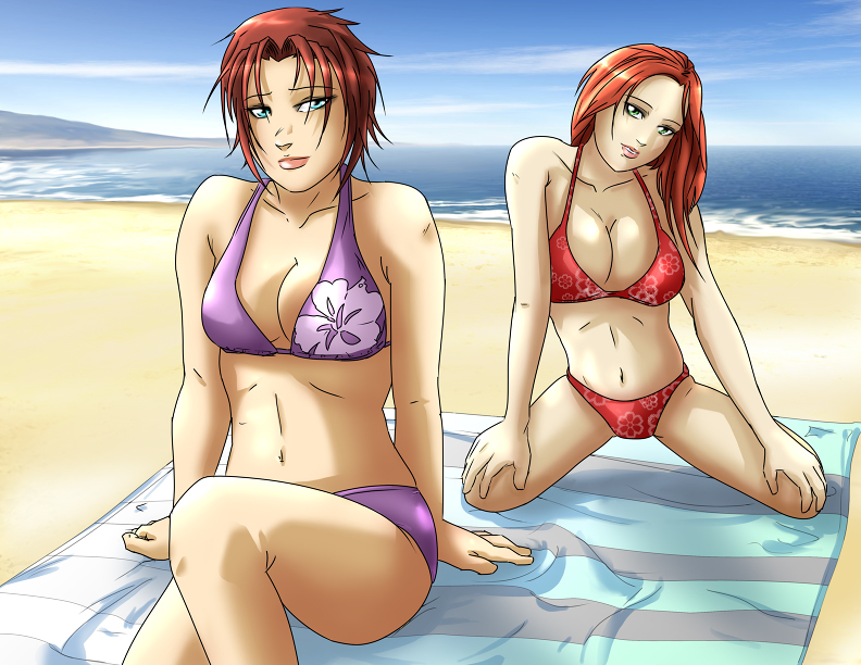 jon kneeland, original, 2girls, bad anatomy, bad proportions, beach, bikini, day, multiple girls, outdoors, poorly drawn, short hair, swimsuit