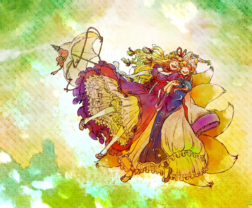 yukataro, yakumo ran, yakumo yukari, touhou, bad id, bad pixiv id, 2girls, blonde hair, blush, breasts, closed eyes, dress, female focus, fox tail, happy, hat, high heels, holding hands, large breasts, long hair, multiple girls, ribbon, shoes, short hair, smile, tail, umbrella