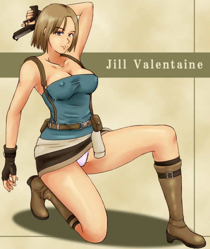 momo 765, rirakukan, jill valentine, capcom, resident evil, resident evil 3: nemesis, 1girl, blue eyes, boots, breasts, brown hair, cleavage, covered erect nipples, female focus, fingerless gloves, gloves, gun, kneeling, miniskirt, on one knee, panties, pantyshot, pencil skirt, short hair, skirt, solo, strapless, underwear, weapon, white panties