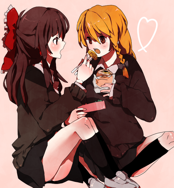 ren (zero second), hakurei reimu, kirisame marisa, touhou, bad id, bad pixiv id, 2girls, bento, blonde hair, blush, brown eyes, brown hair, contemporary, eating, feeding, female focus, heart, long hair, multiple girls, ribbon