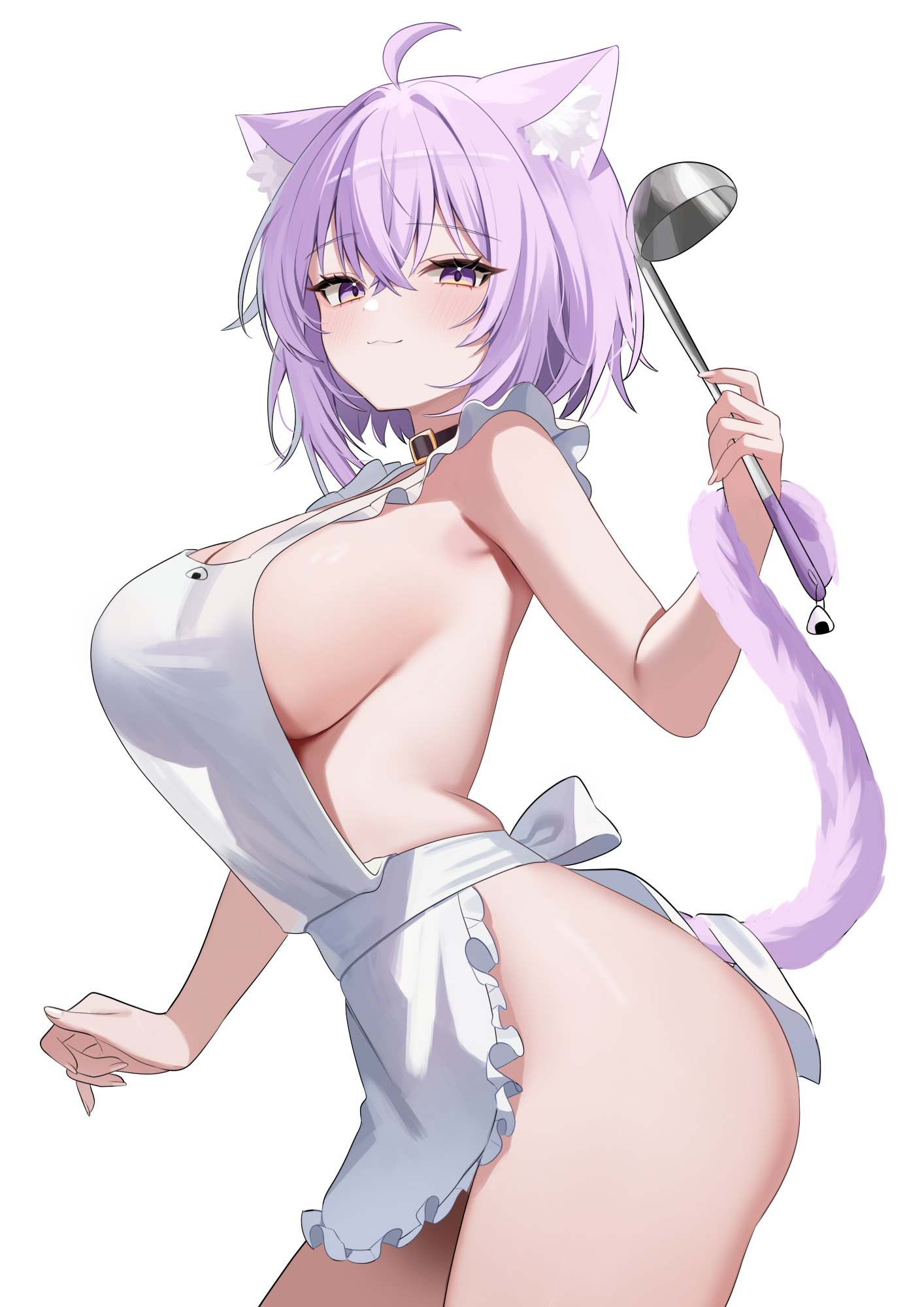 nannung, nekomata okayu, hololive, bad source, commentary request, highres, korean commentary, 1girl, ahoge, animal collar, animal ear fluff, animal ears, apron, black collar, breasts, cat ears, cat girl, cat tail, cleavage, closed mouth, collar, crossed bangs, double-parted bangs, frilled apron, frills, from side, hair between eyes, holding, holding ladle, ladle, large breasts, looking at viewer, messy hair, naked apron, purple eyes, purple hair, see-through silhouette, short hair, sideboob, simple background, solo, tail, tail around arm, virtual youtuber, white apron, white background